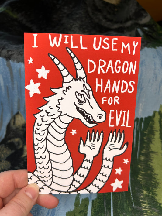 “Dragon Hands” red postcard print